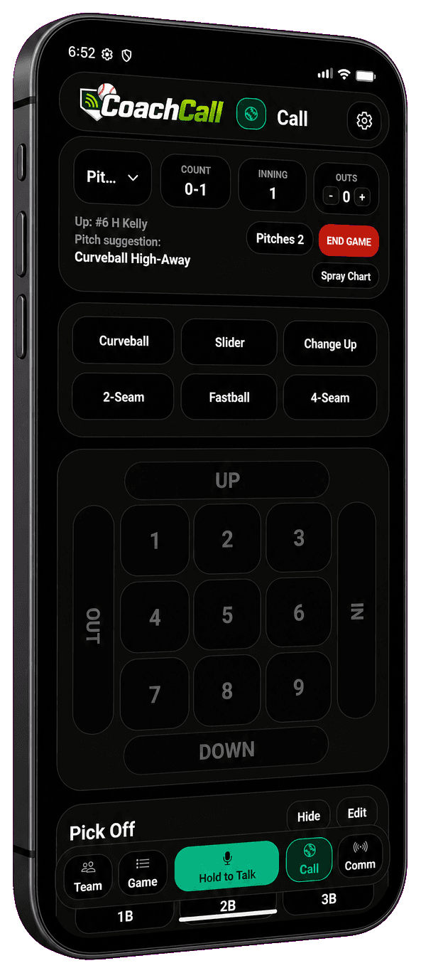 CoachCall pitch calling screen on a dark titanium phone
