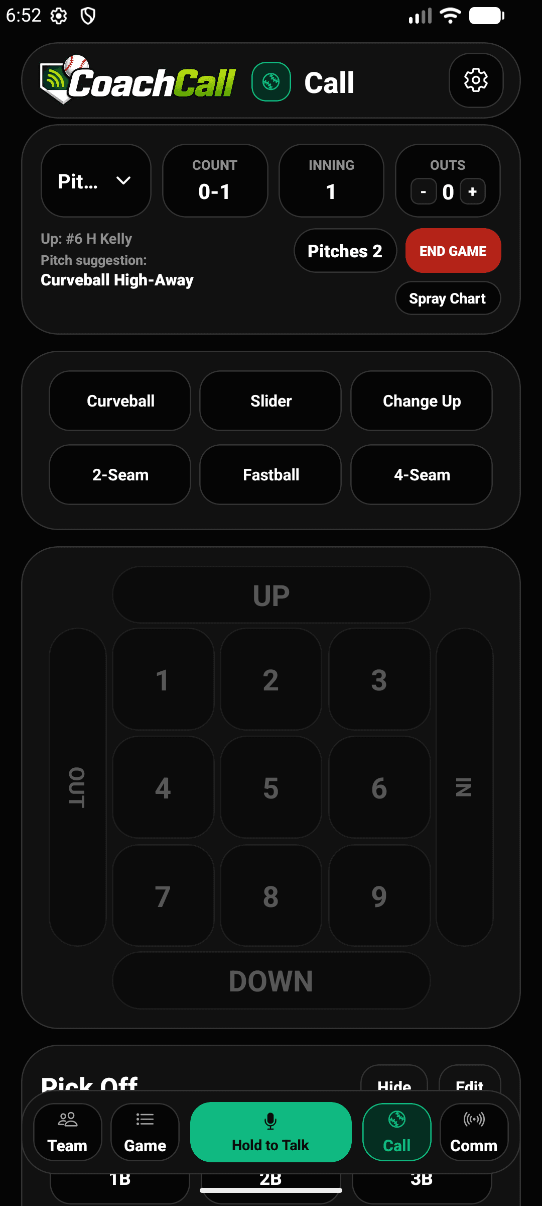 CoachCall pitch calling screen
